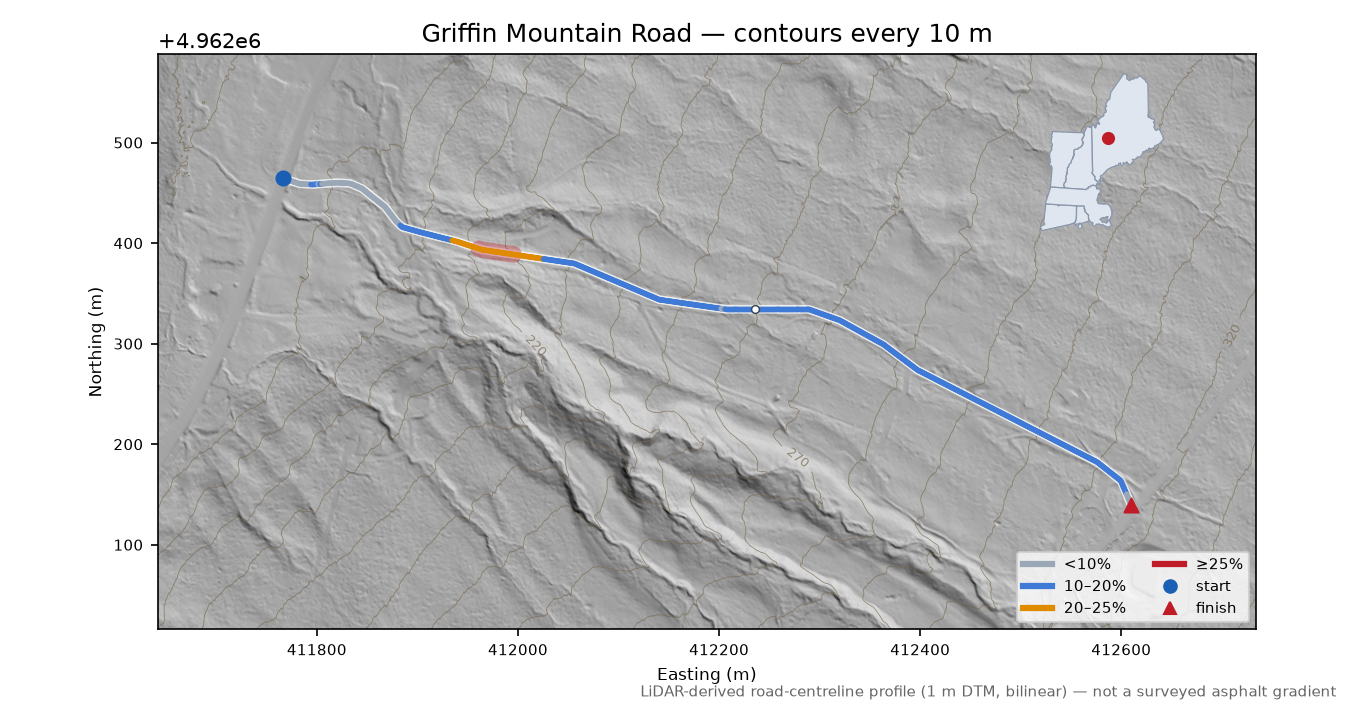 Griffin Mountain Road LiDAR hillshade map with contours