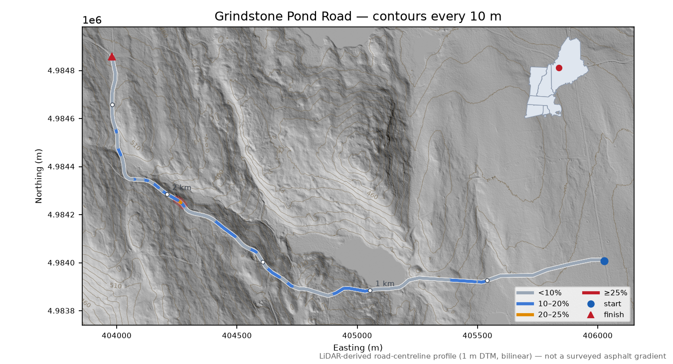 Grindstone Pond Road LiDAR hillshade map with contours