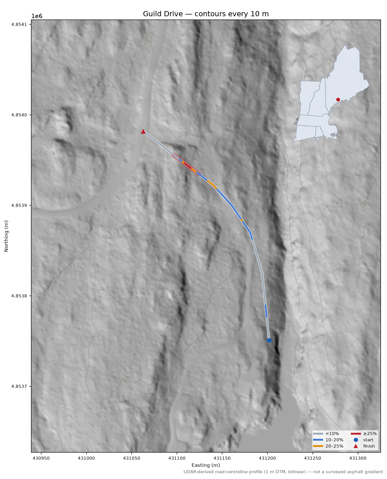 Guild Drive LiDAR hillshade map with contours