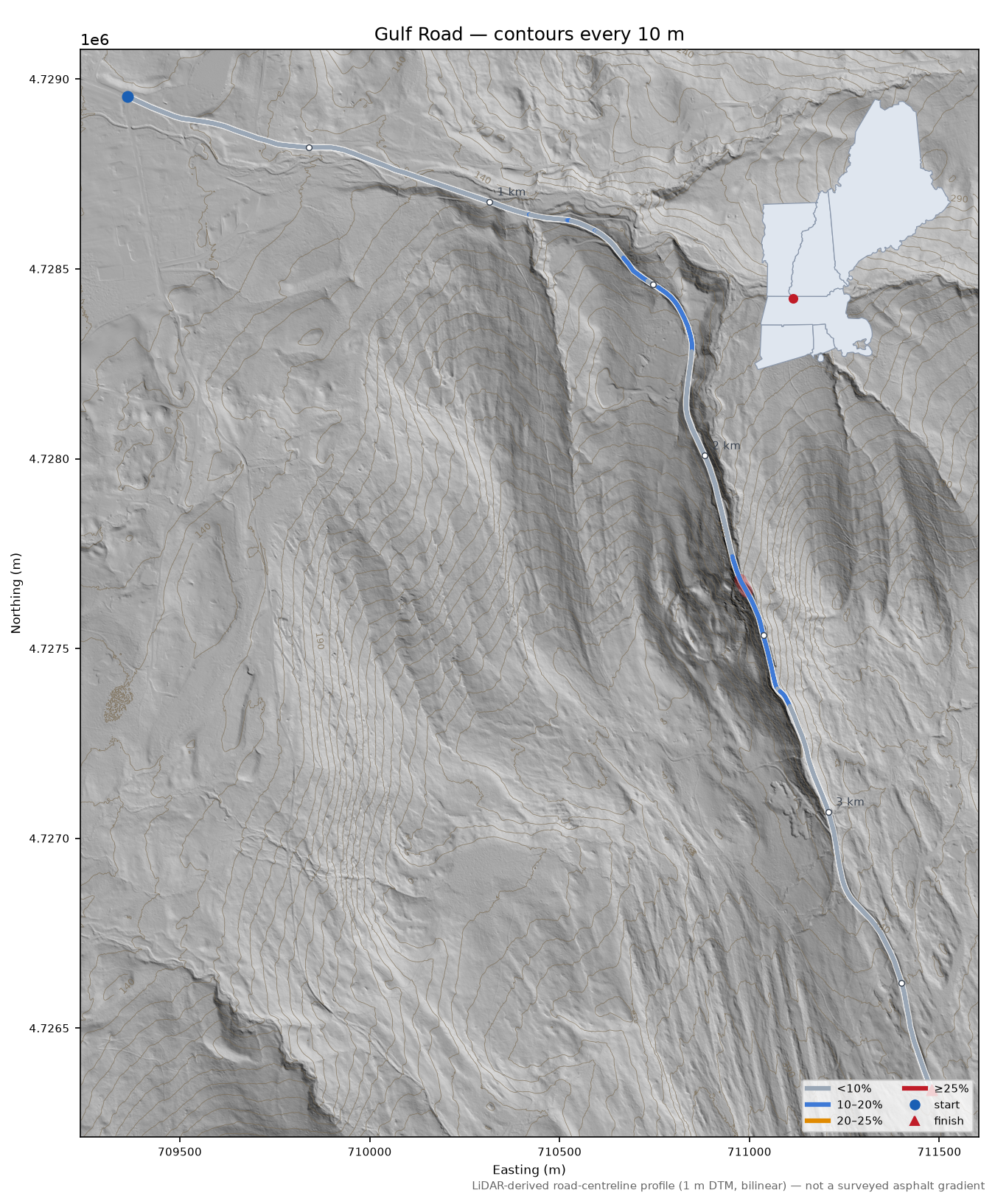 Gulf Road LiDAR hillshade map with contours