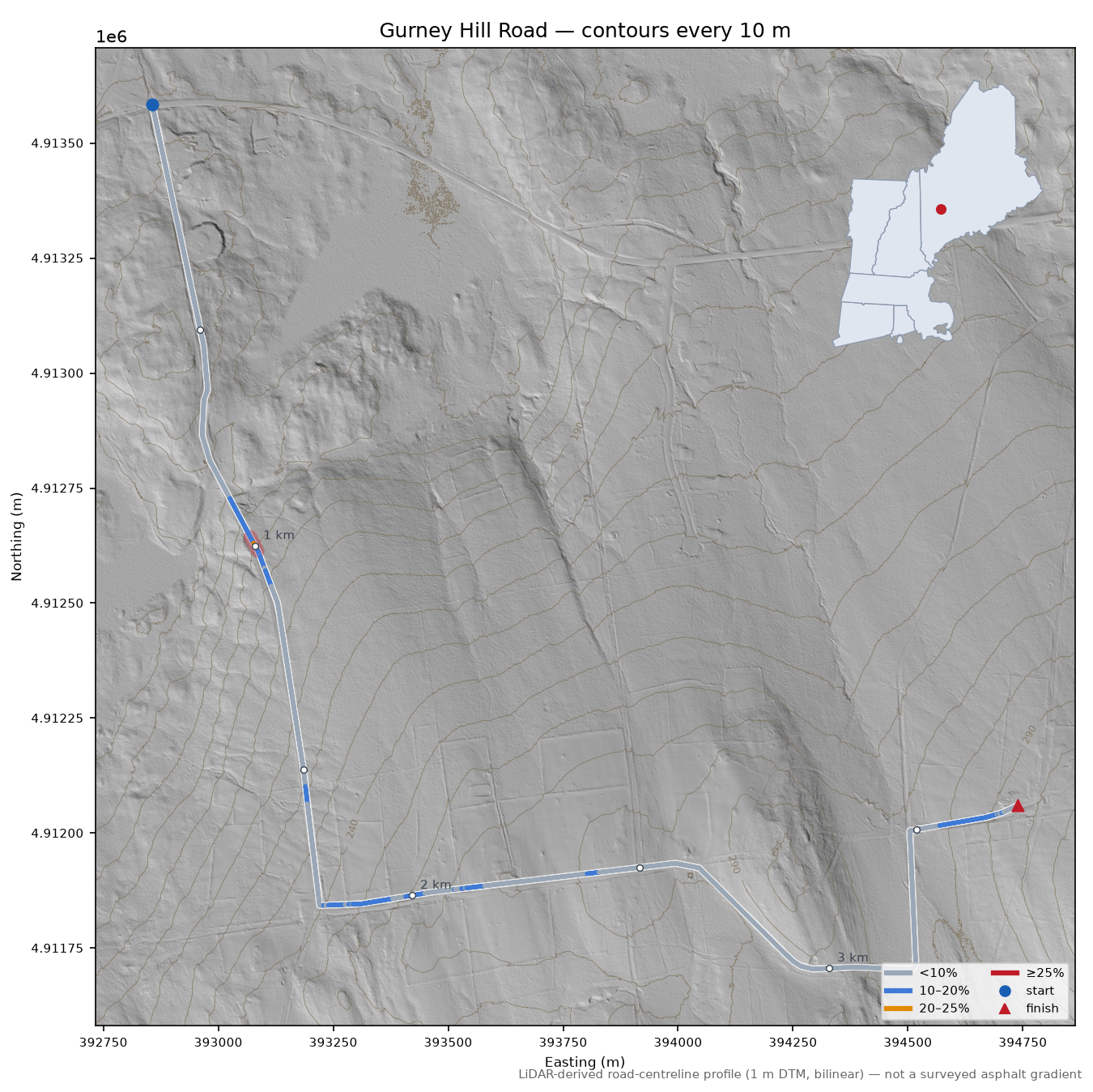 Gurney Hill Road LiDAR hillshade map with contours