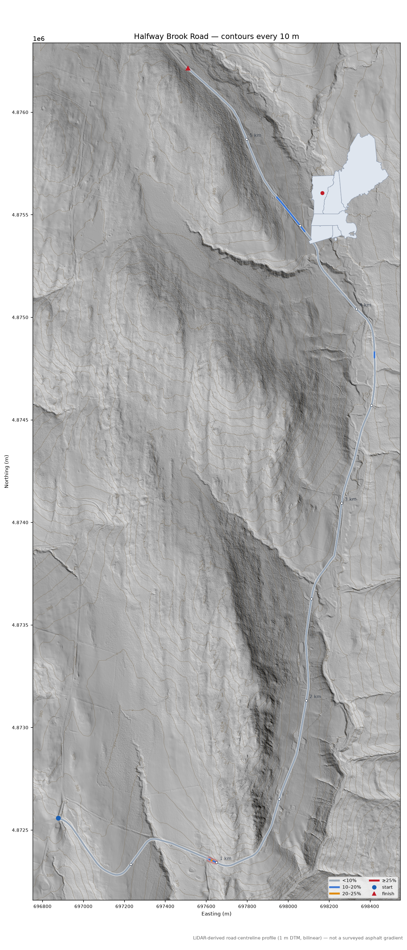 Halfway Brook Road LiDAR hillshade map with contours