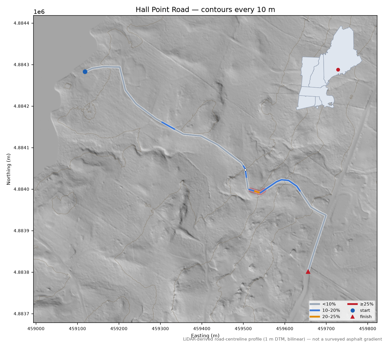 Hall Point Road LiDAR hillshade map with contours