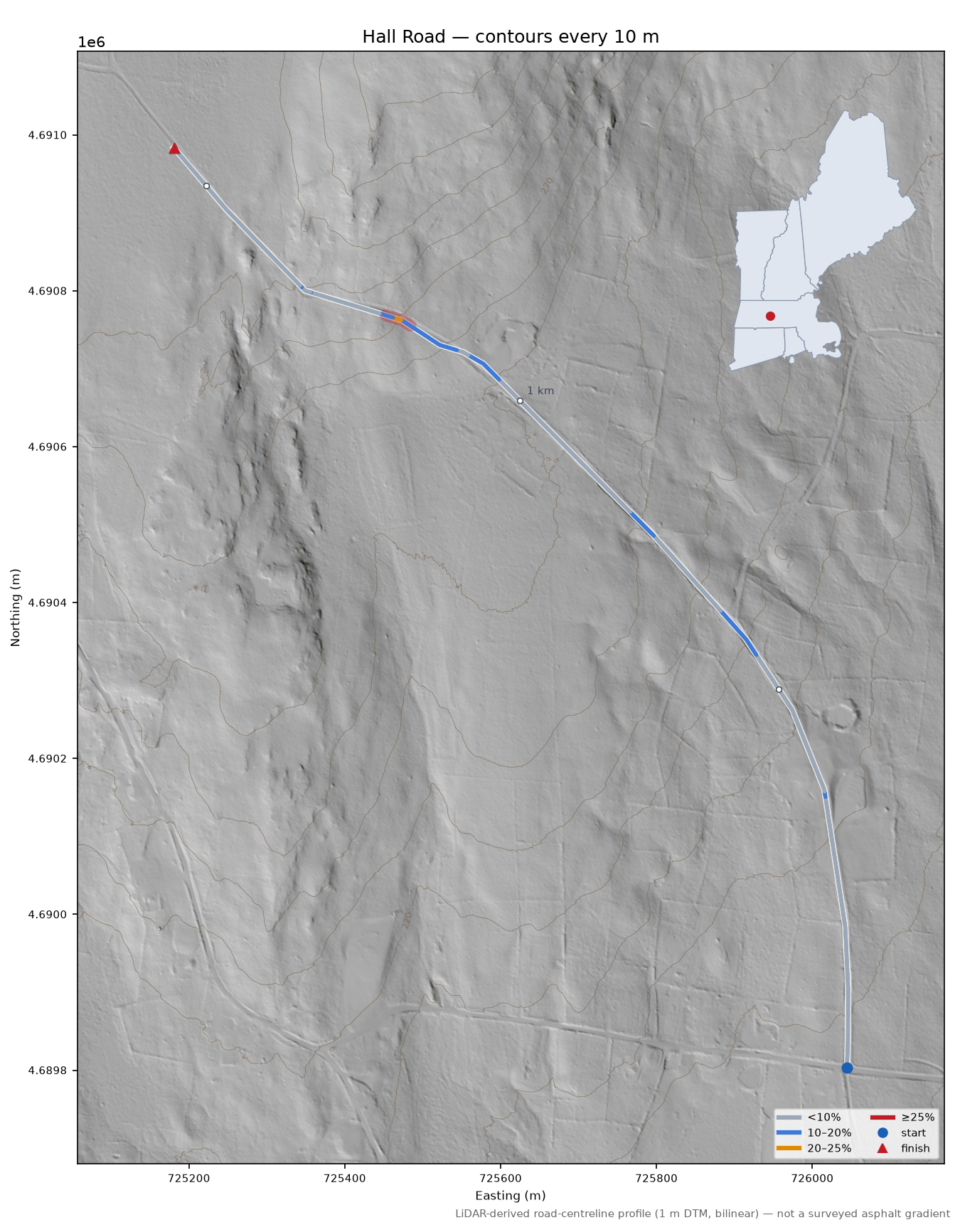 Hall Road LiDAR hillshade map with contours
