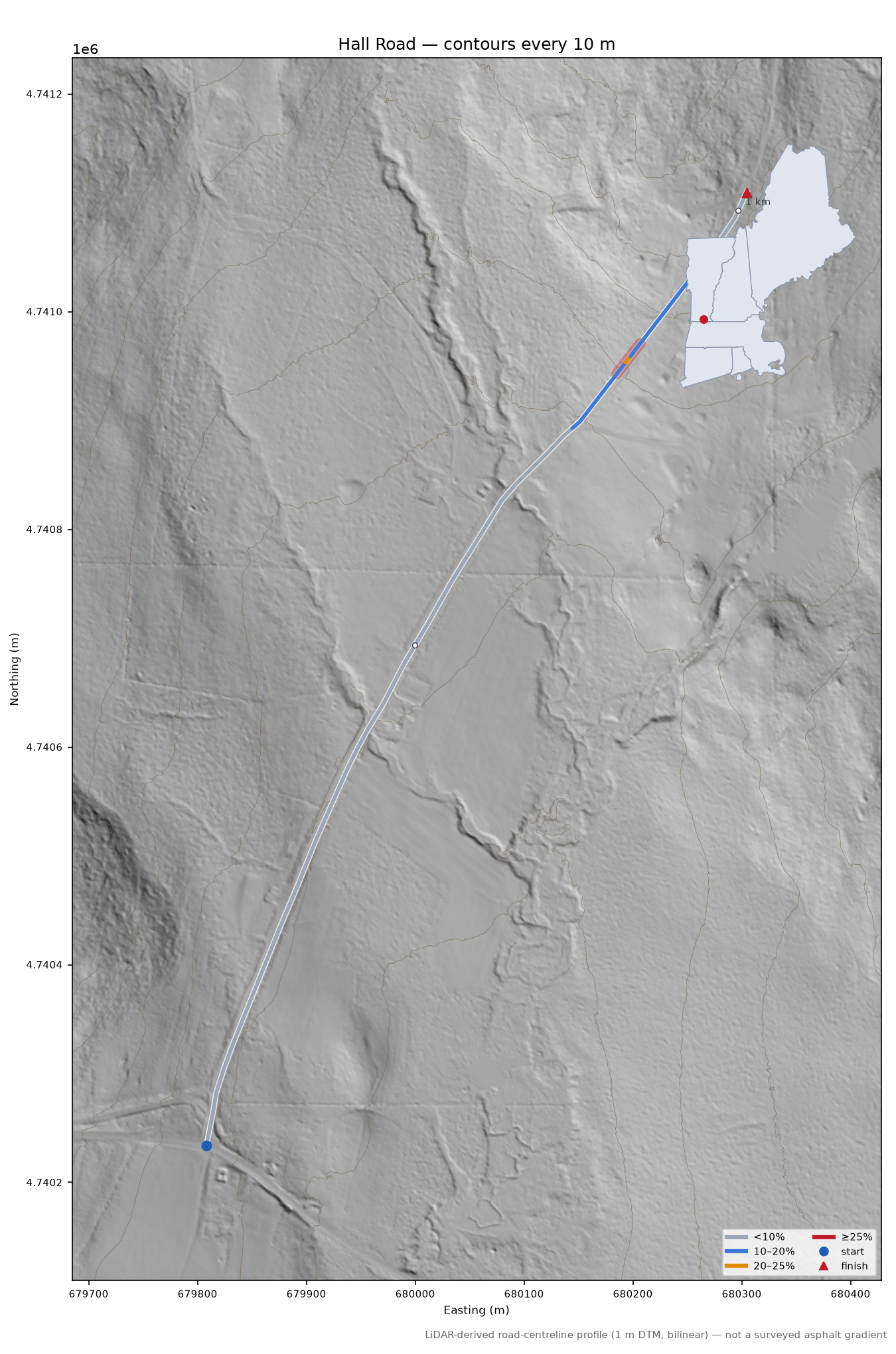 Hall Road LiDAR hillshade map with contours