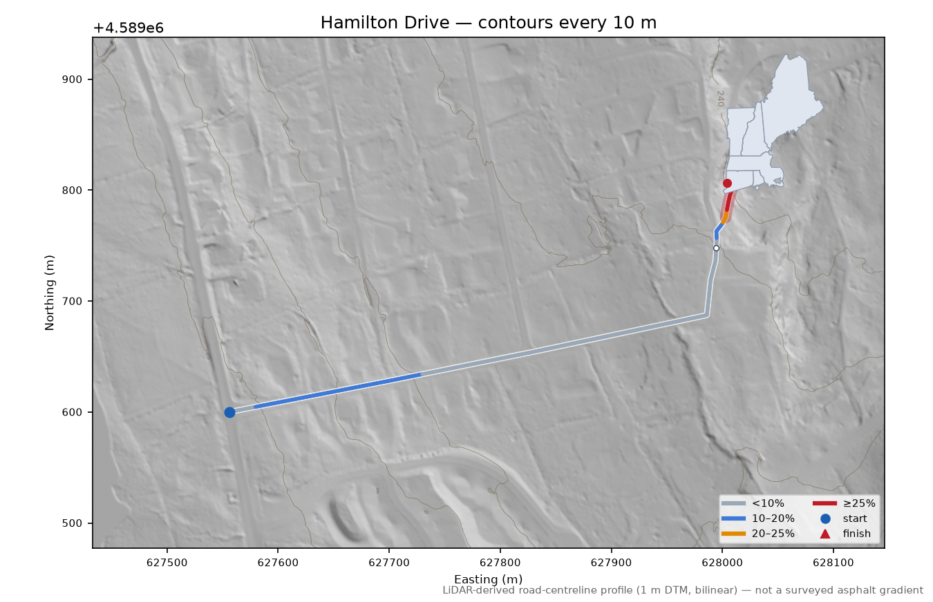Hamilton Drive LiDAR hillshade map with contours