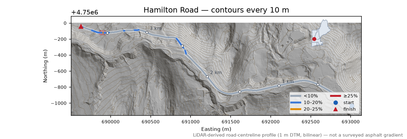 Hamilton Road LiDAR hillshade map with contours