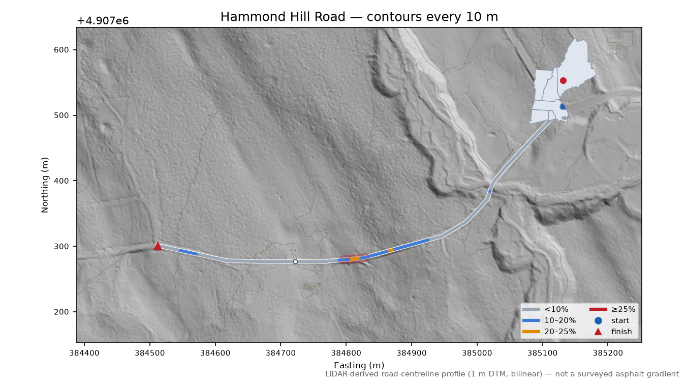 Hammond Hill Road LiDAR hillshade map with contours