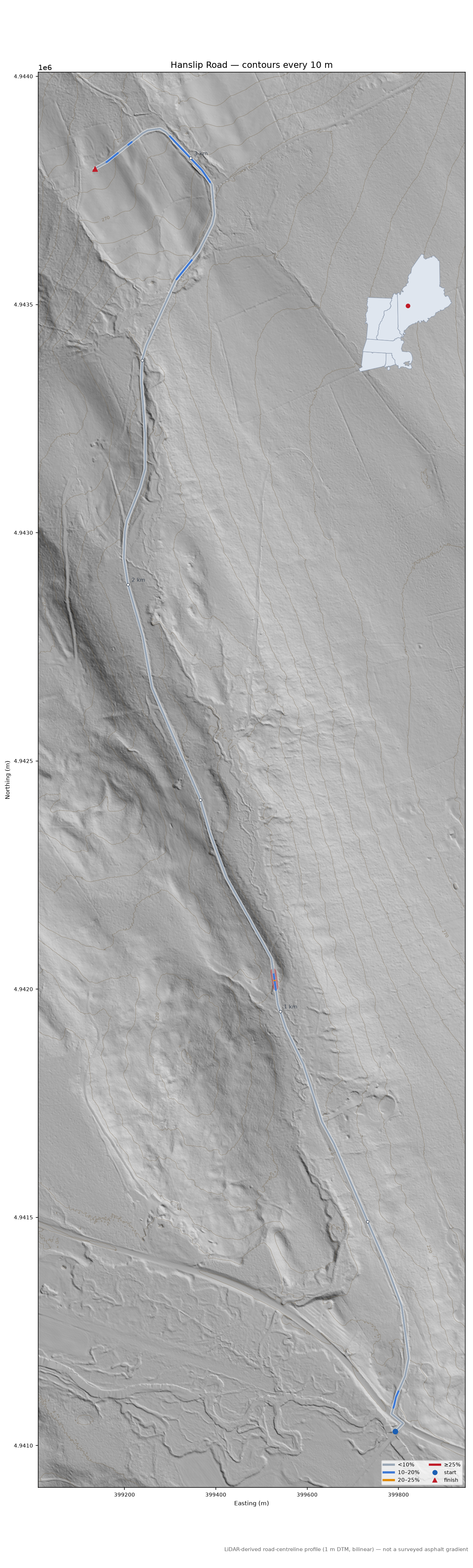 Hanslip Road LiDAR hillshade map with contours