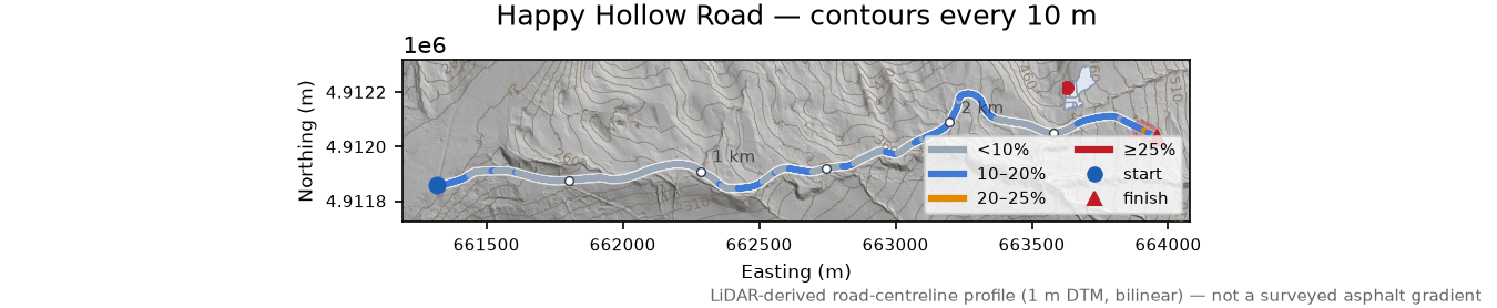 Happy Hollow Road LiDAR hillshade map with contours