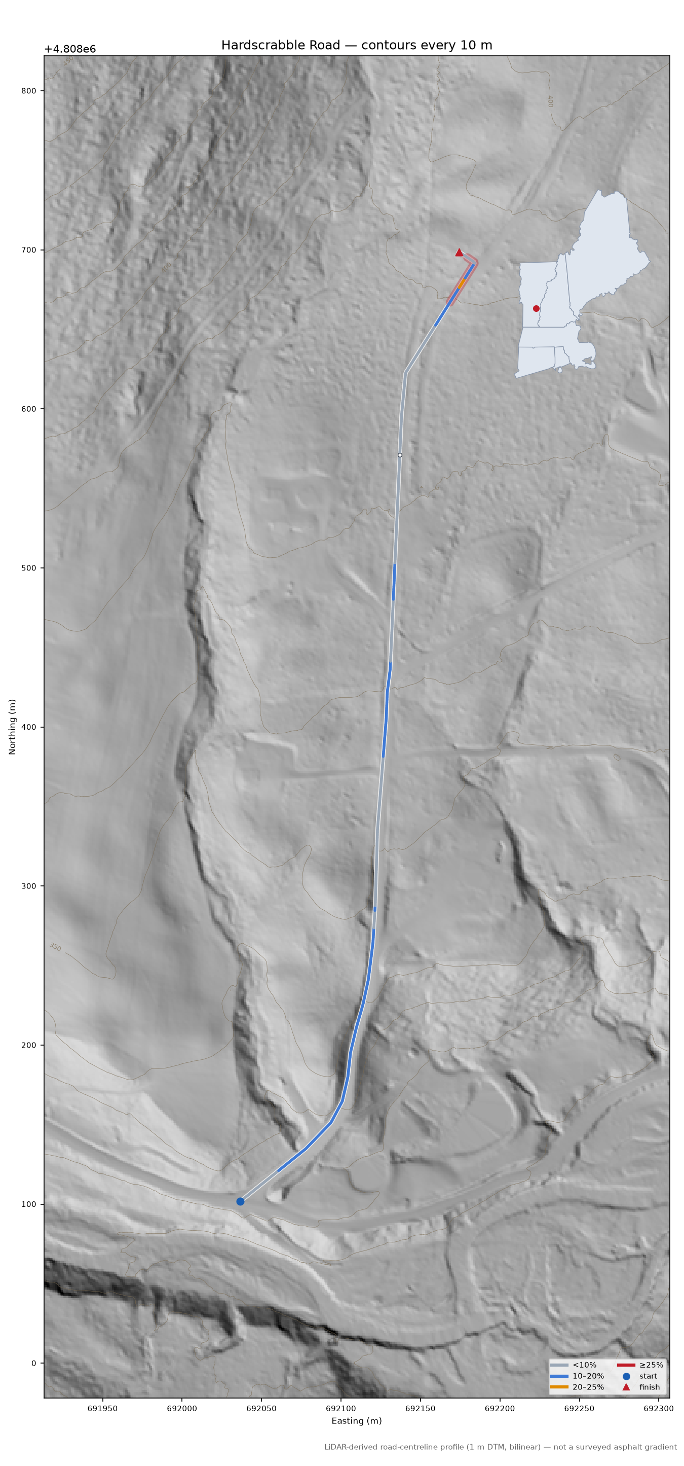 Hardscrabble Road LiDAR hillshade map with contours
