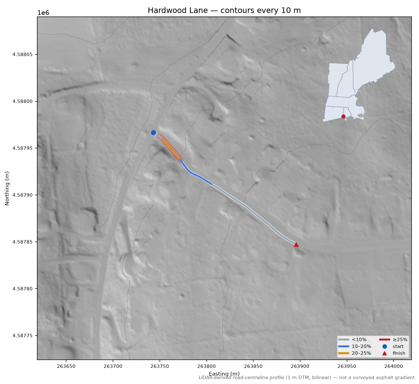 Hardwood Lane LiDAR hillshade map with contours