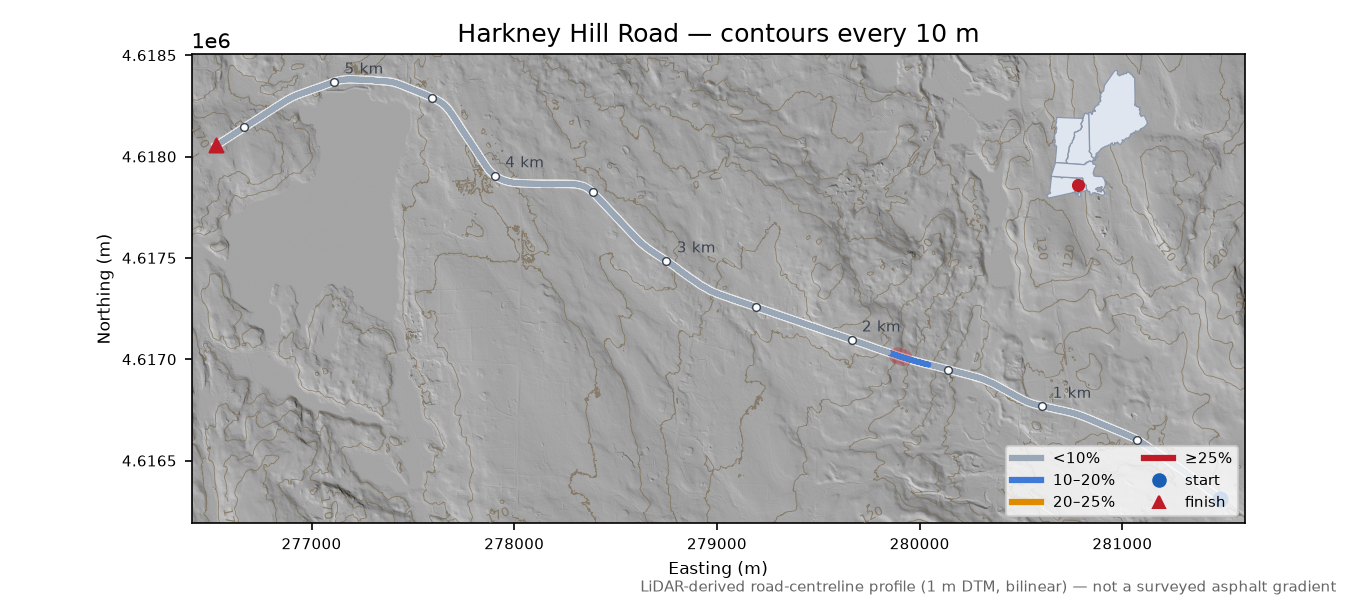Harkney Hill Road LiDAR hillshade map with contours