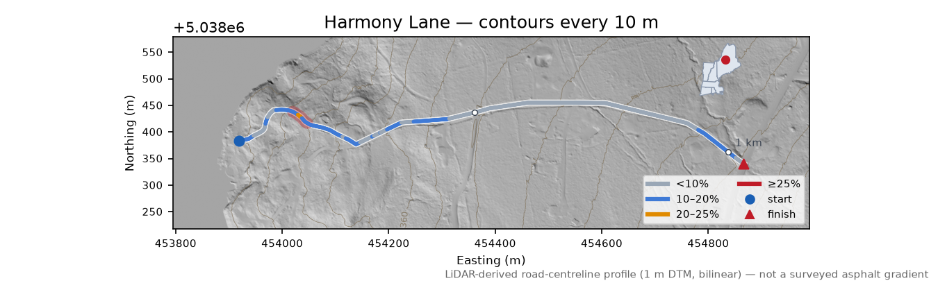 Harmony Lane LiDAR hillshade map with contours