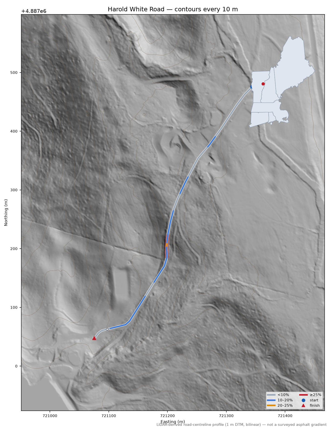 Harold White Road LiDAR hillshade map with contours
