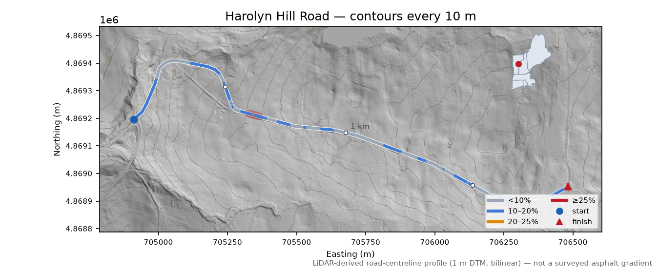 Harolyn Hill Road LiDAR hillshade map with contours