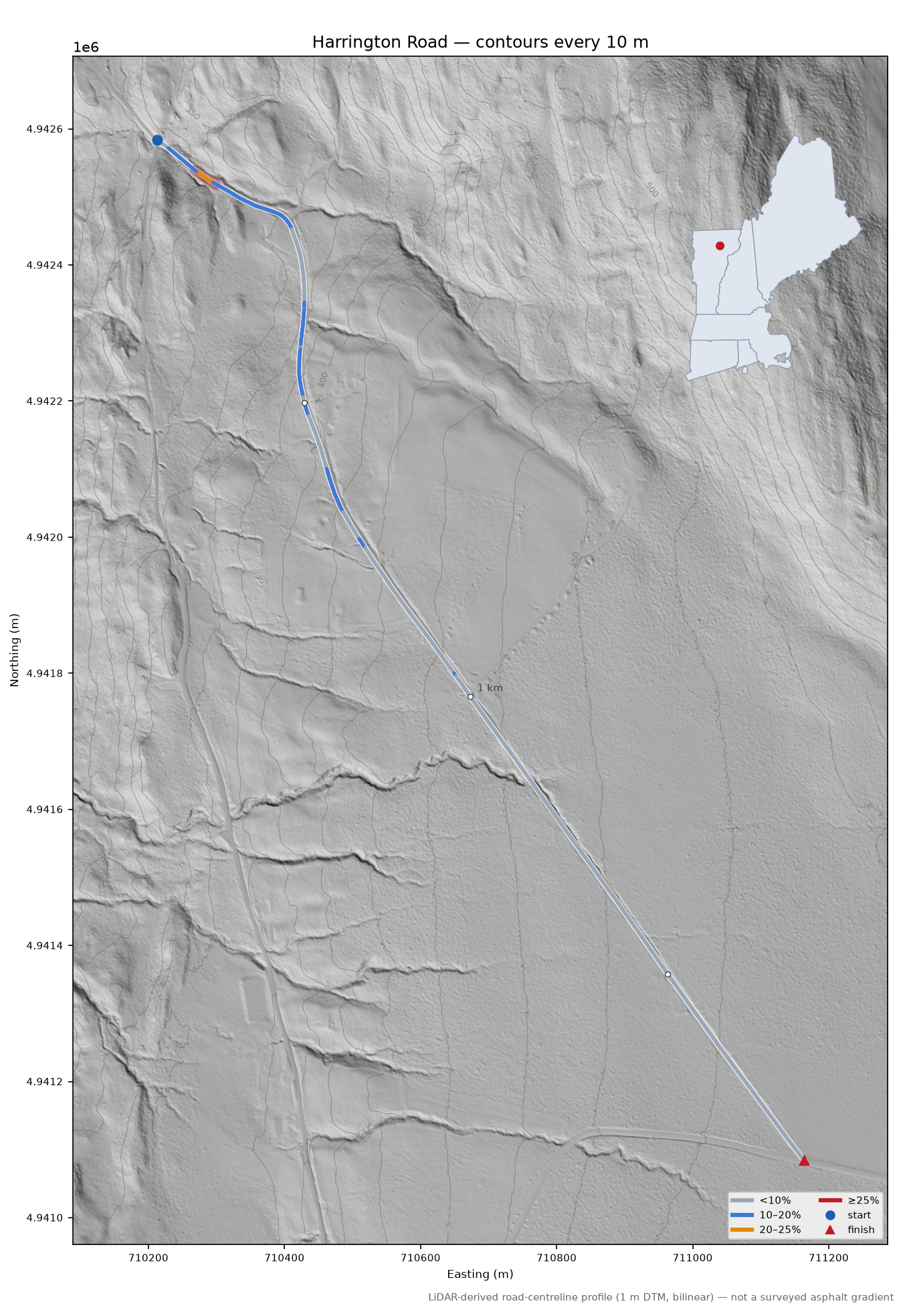 Harrington Road LiDAR hillshade map with contours