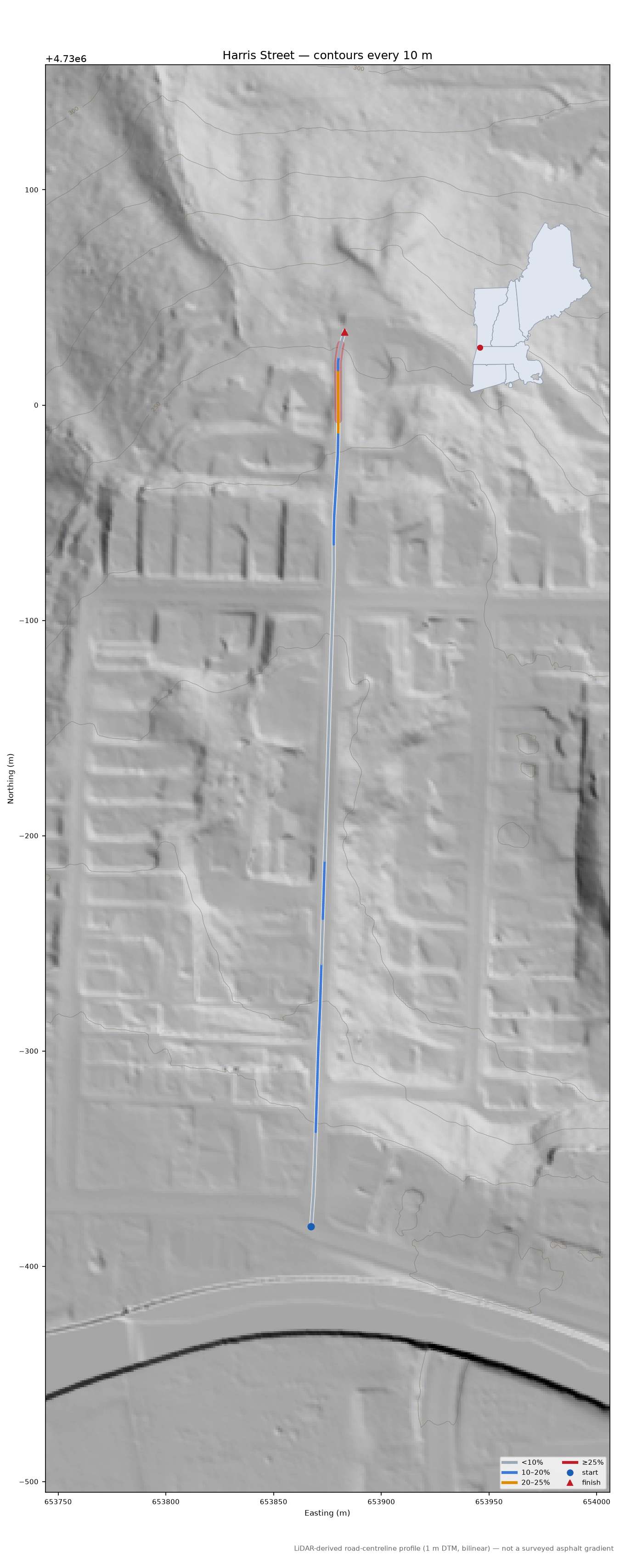 Harris Street LiDAR hillshade map with contours