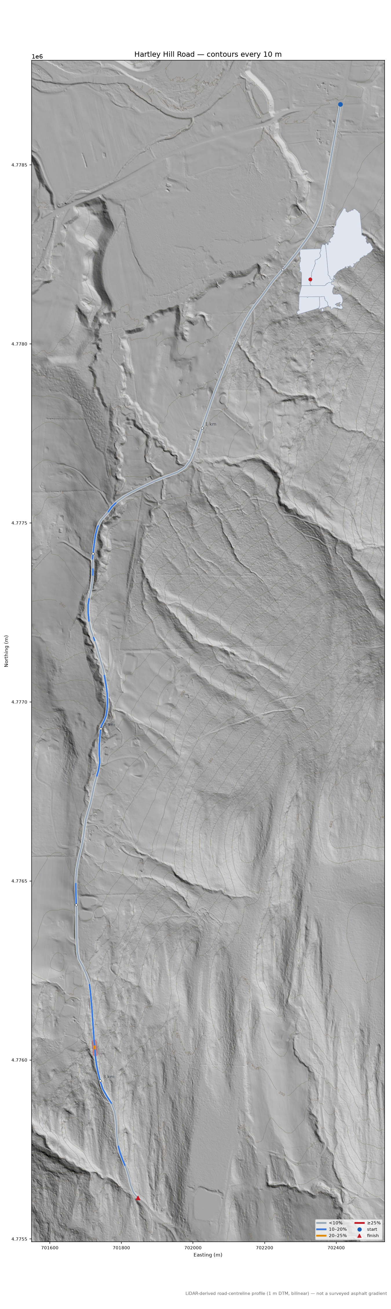 Hartley Hill Road LiDAR hillshade map with contours