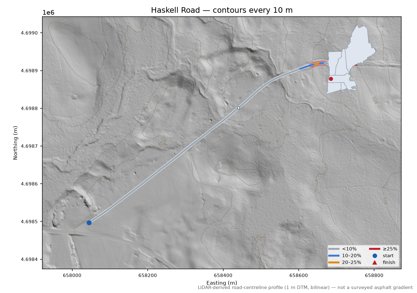 Haskell Road LiDAR hillshade map with contours