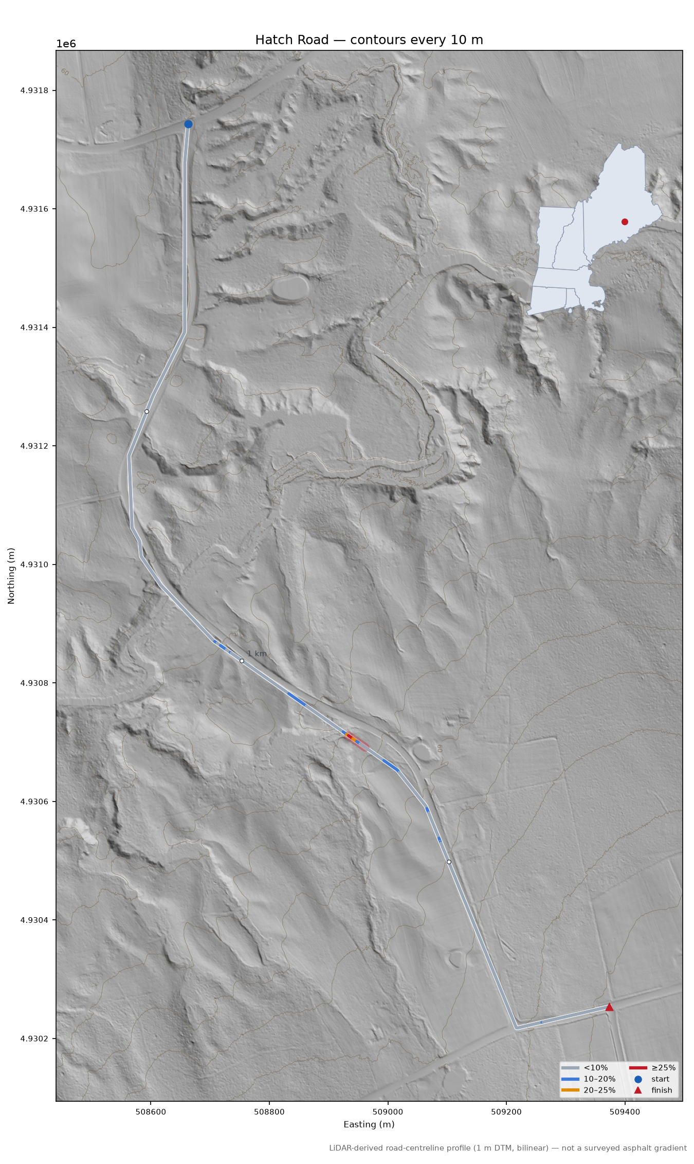 Hatch Road LiDAR hillshade map with contours