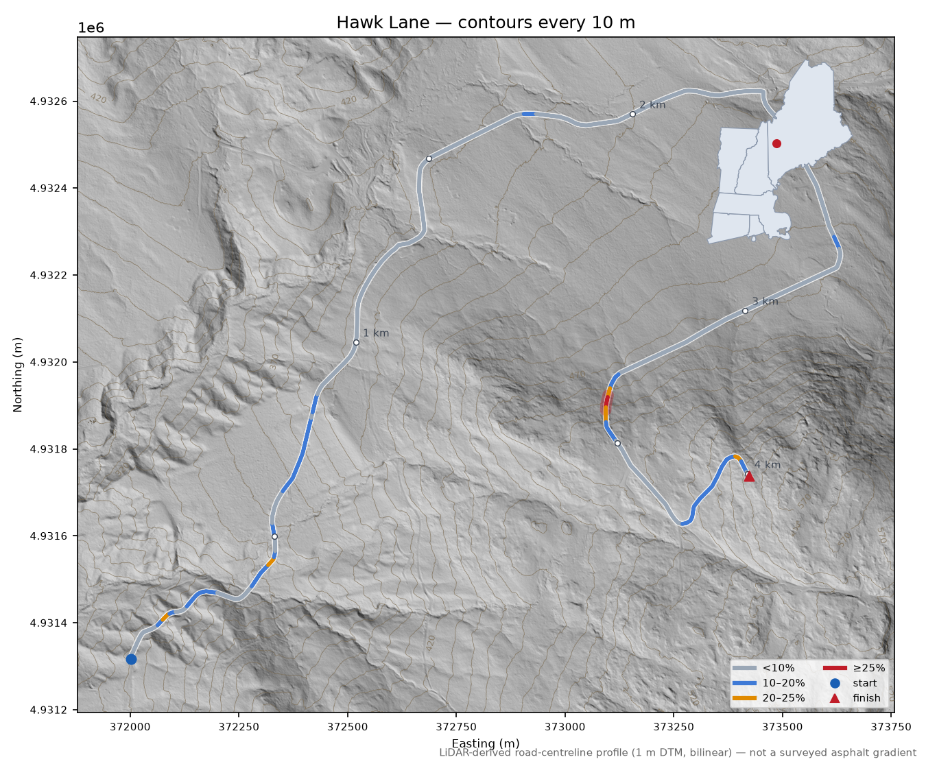 Hawk Lane LiDAR hillshade map with contours