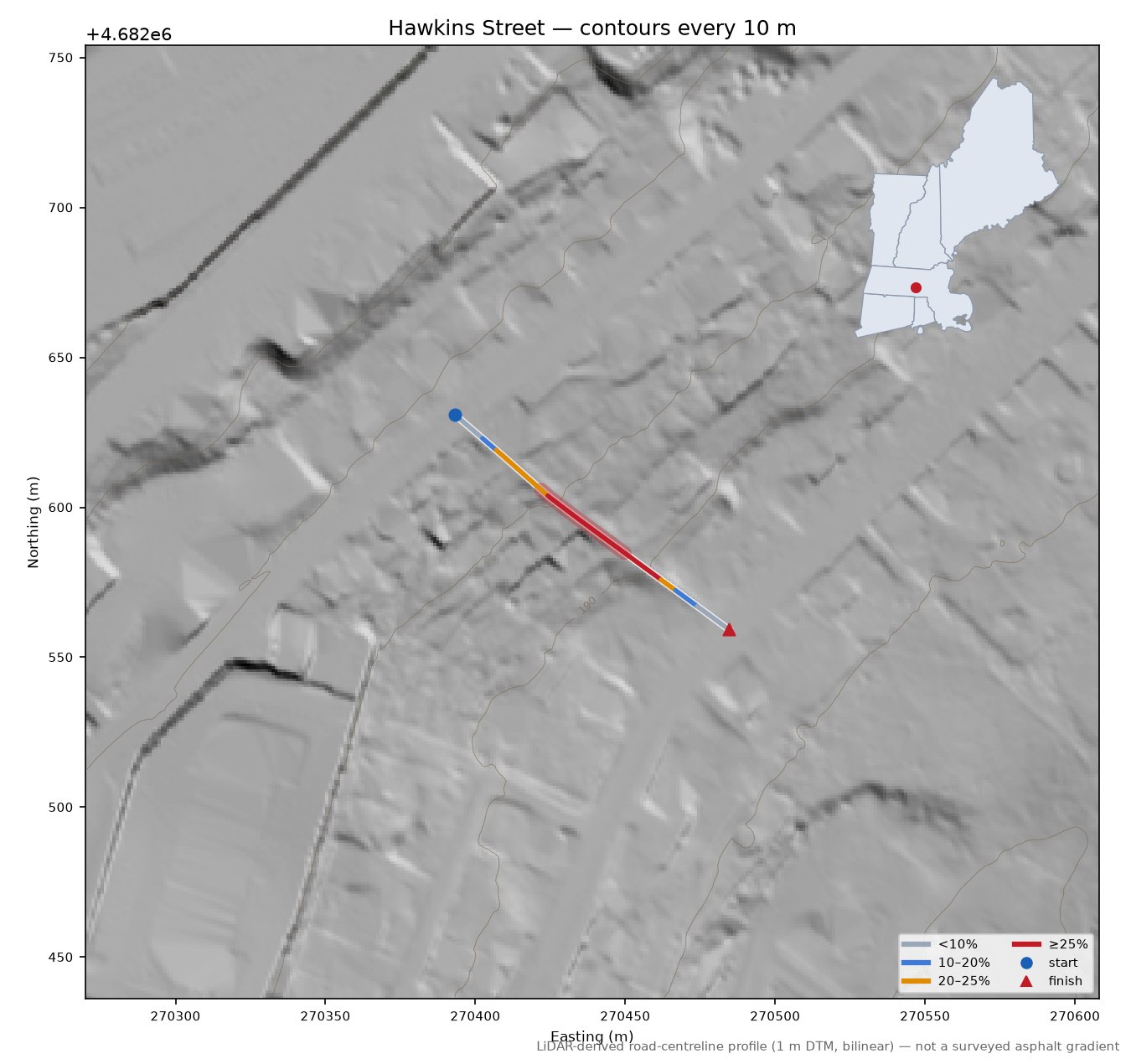 Hawkins Street LiDAR hillshade map with contours