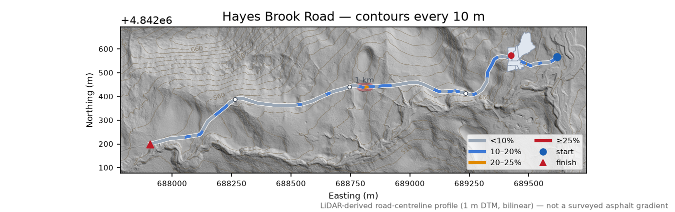 Hayes Brook Road LiDAR hillshade map with contours