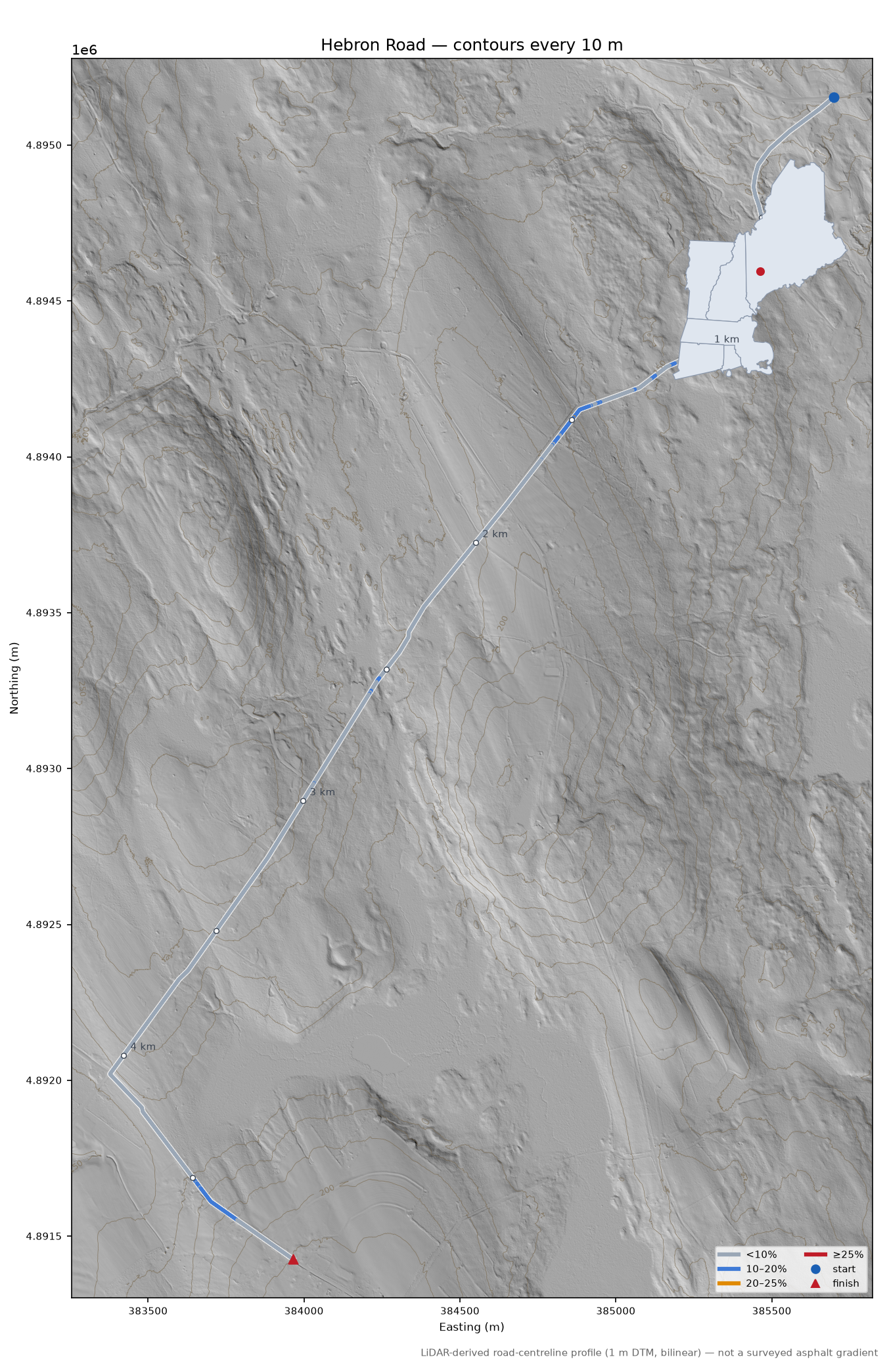 Hebron Road LiDAR hillshade map with contours