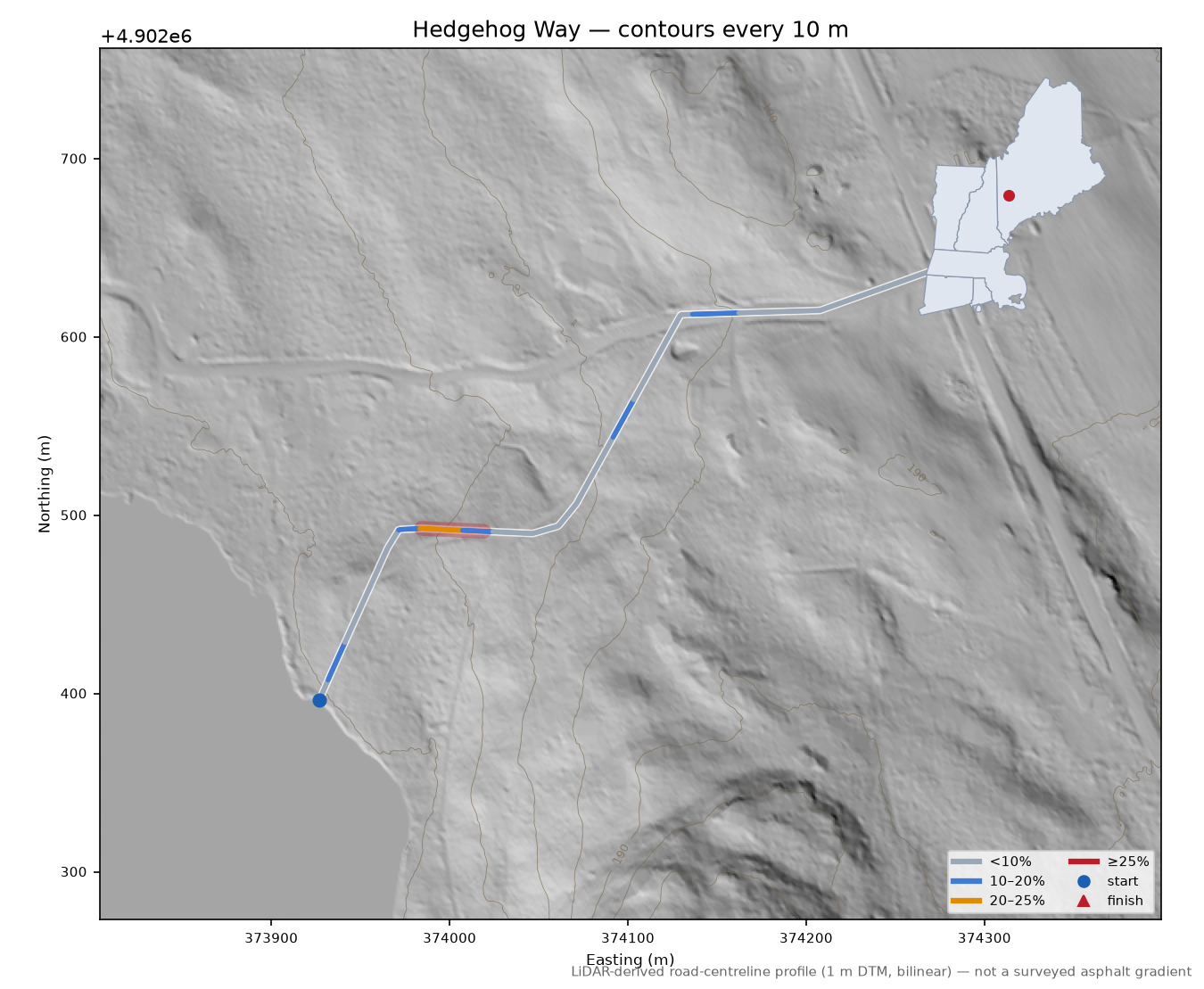 Hedgehog Way LiDAR hillshade map with contours