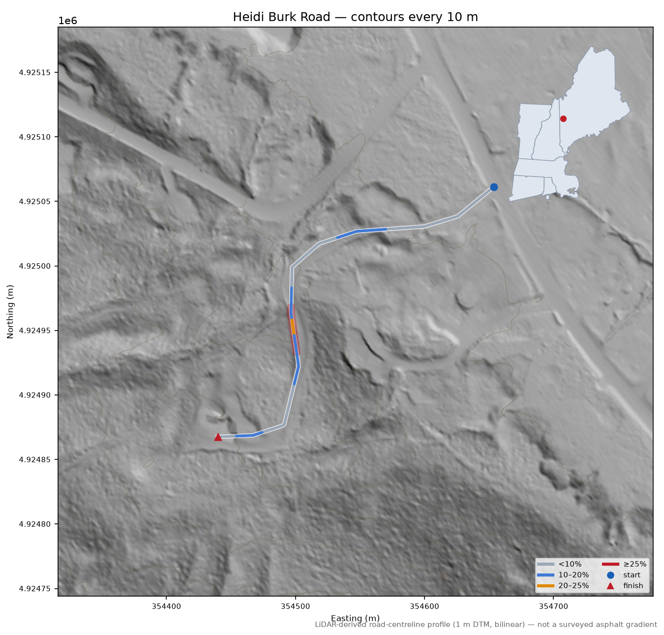 Heidi Burk Road LiDAR hillshade map with contours