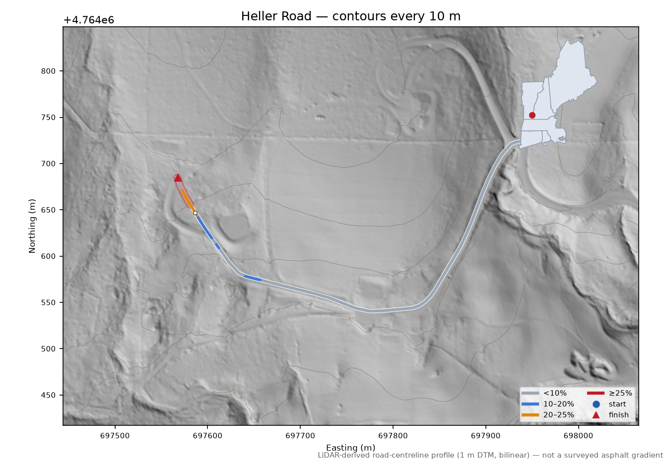 Heller Road LiDAR hillshade map with contours