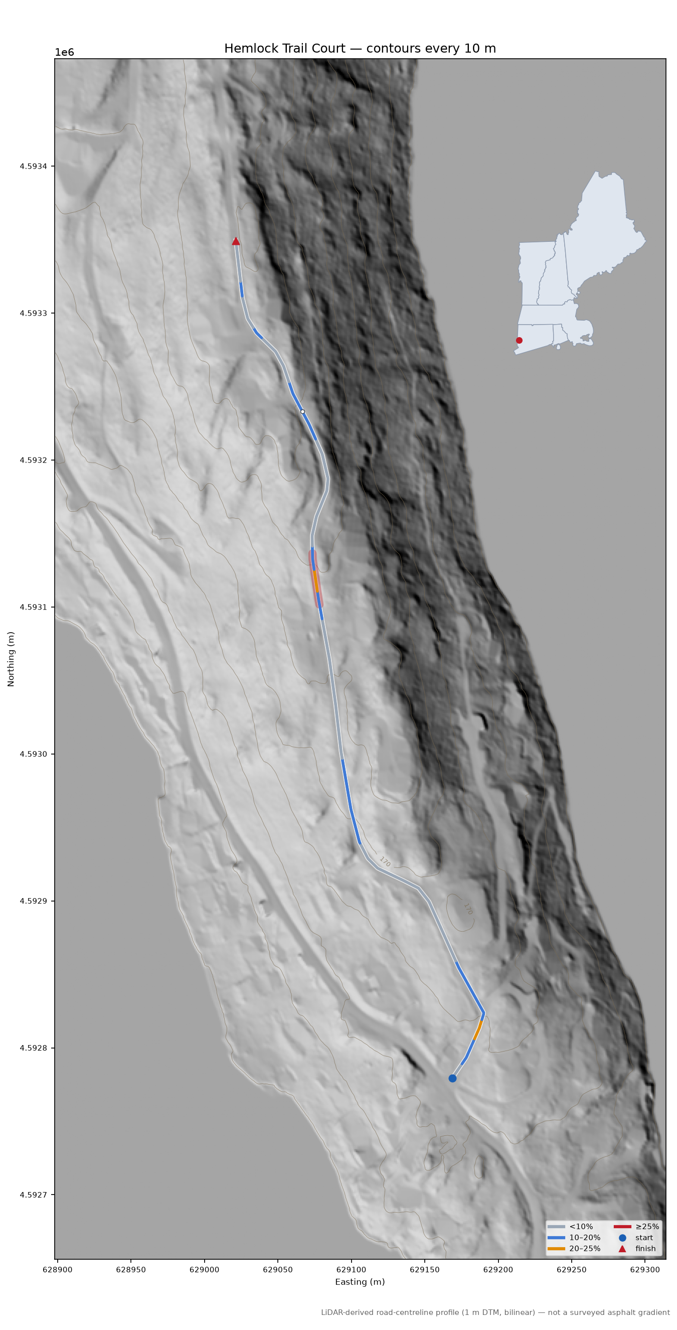 Hemlock Trail Court LiDAR hillshade map with contours