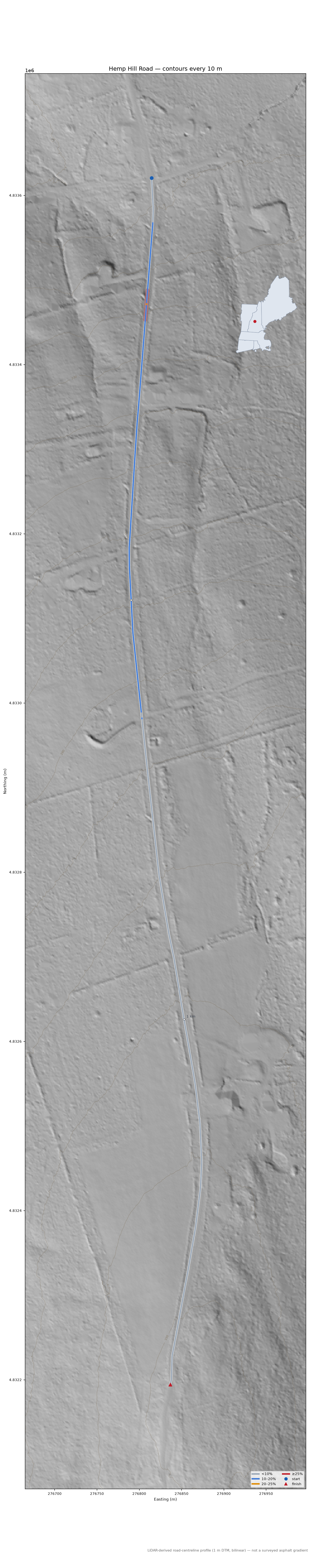 Hemp Hill Road LiDAR hillshade map with contours