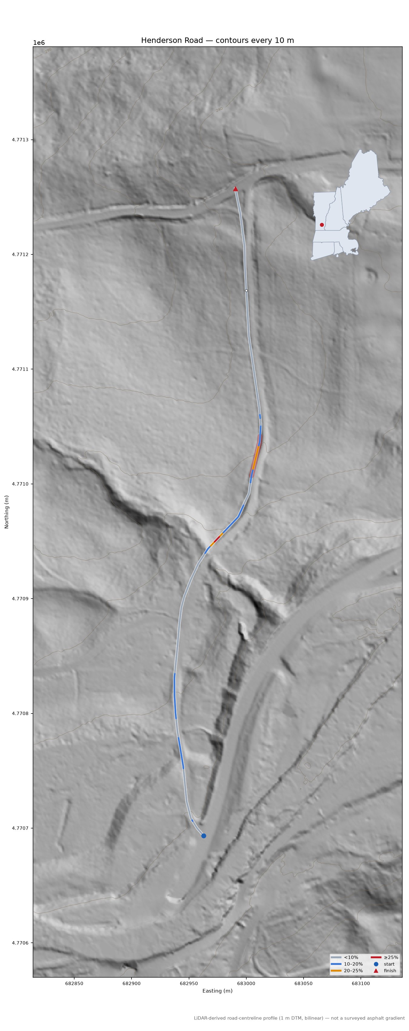 Henderson Road LiDAR hillshade map with contours