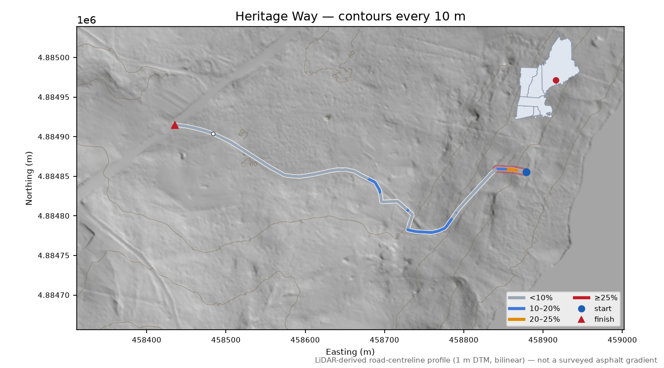 Heritage Way LiDAR hillshade map with contours