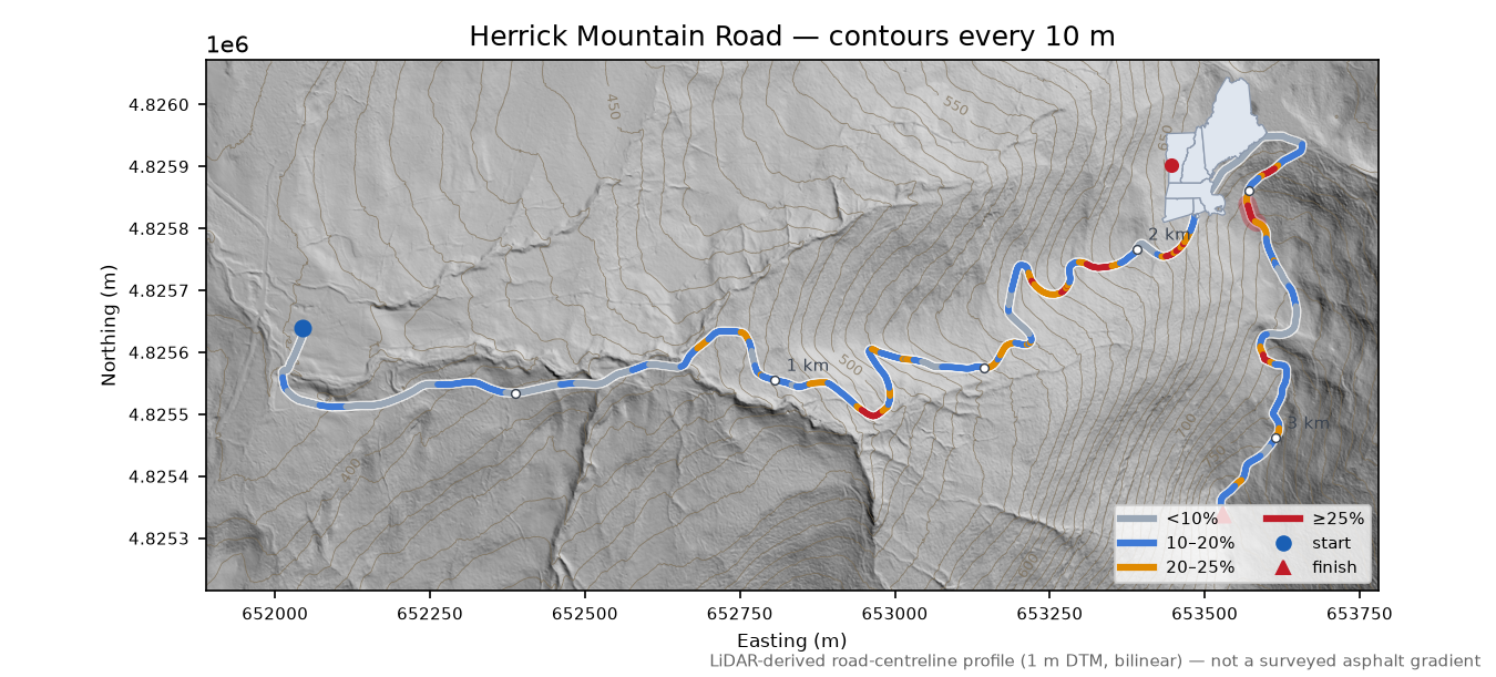 Herrick Mountain Road LiDAR hillshade map with contours