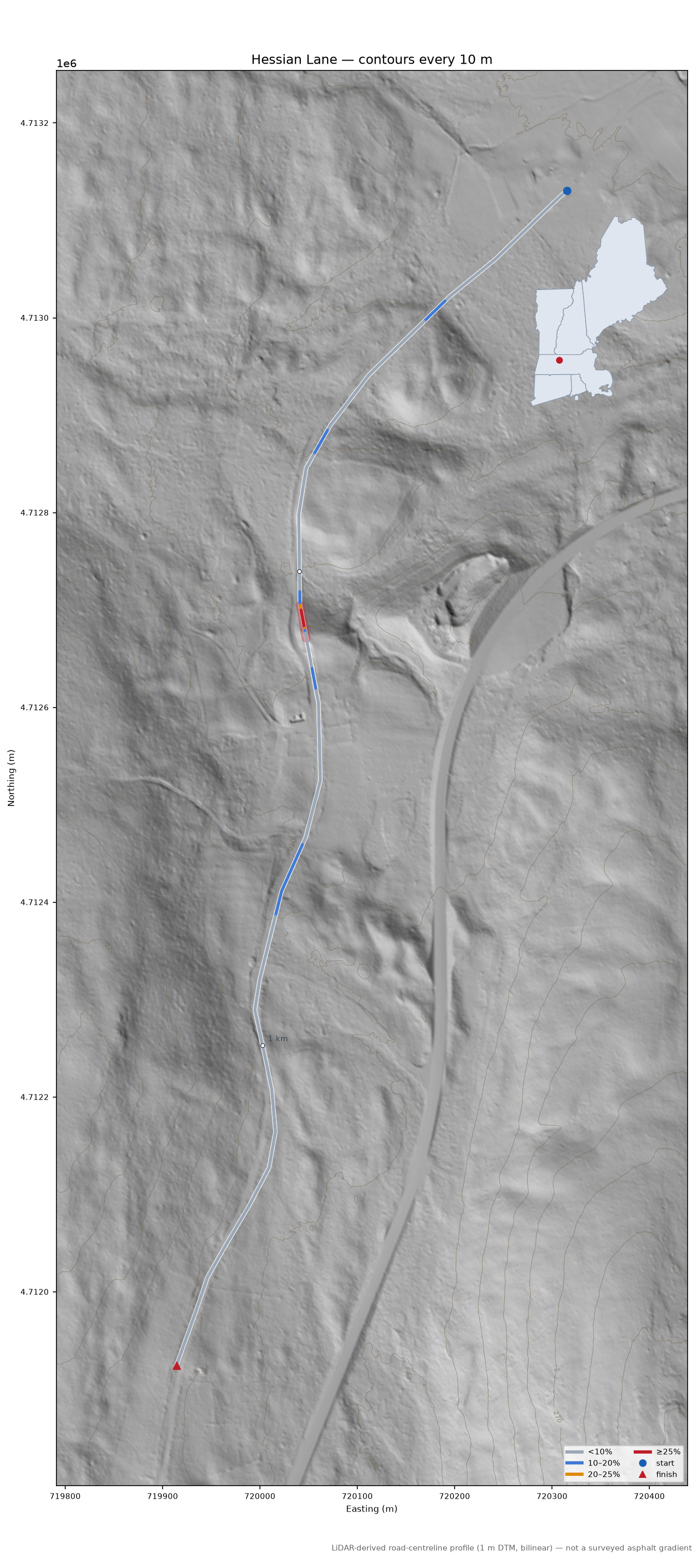 Hessian Lane LiDAR hillshade map with contours