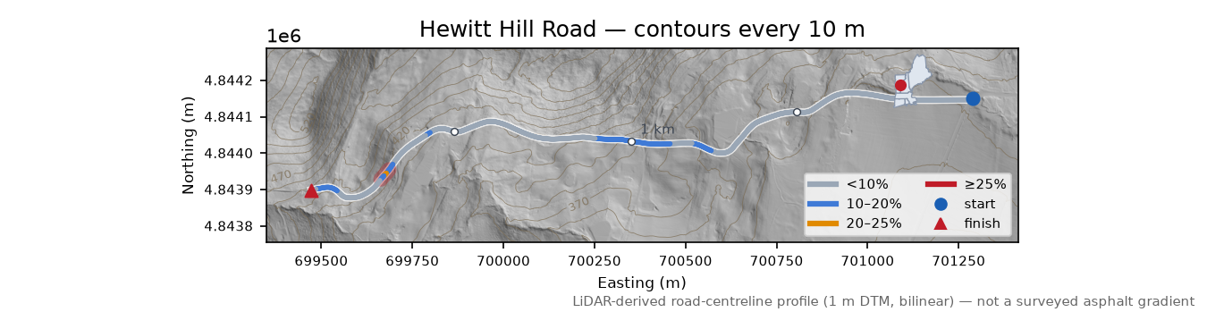 Hewitt Hill Road LiDAR hillshade map with contours