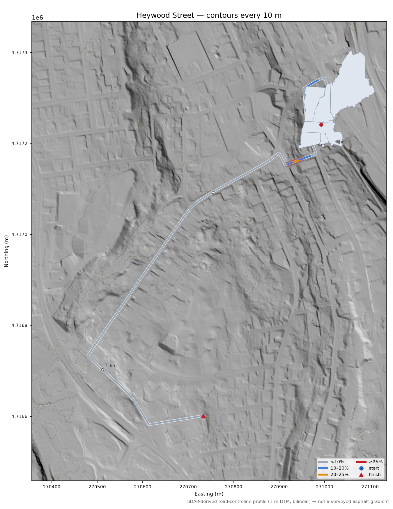 Heywood Street LiDAR hillshade map with contours
