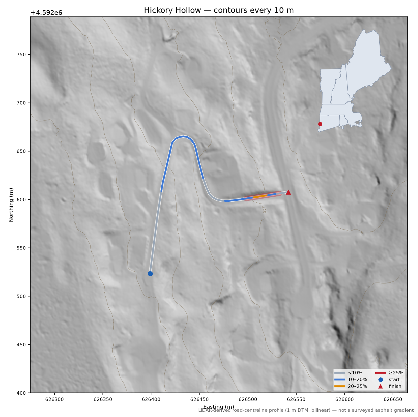 Hickory Hollow LiDAR hillshade map with contours