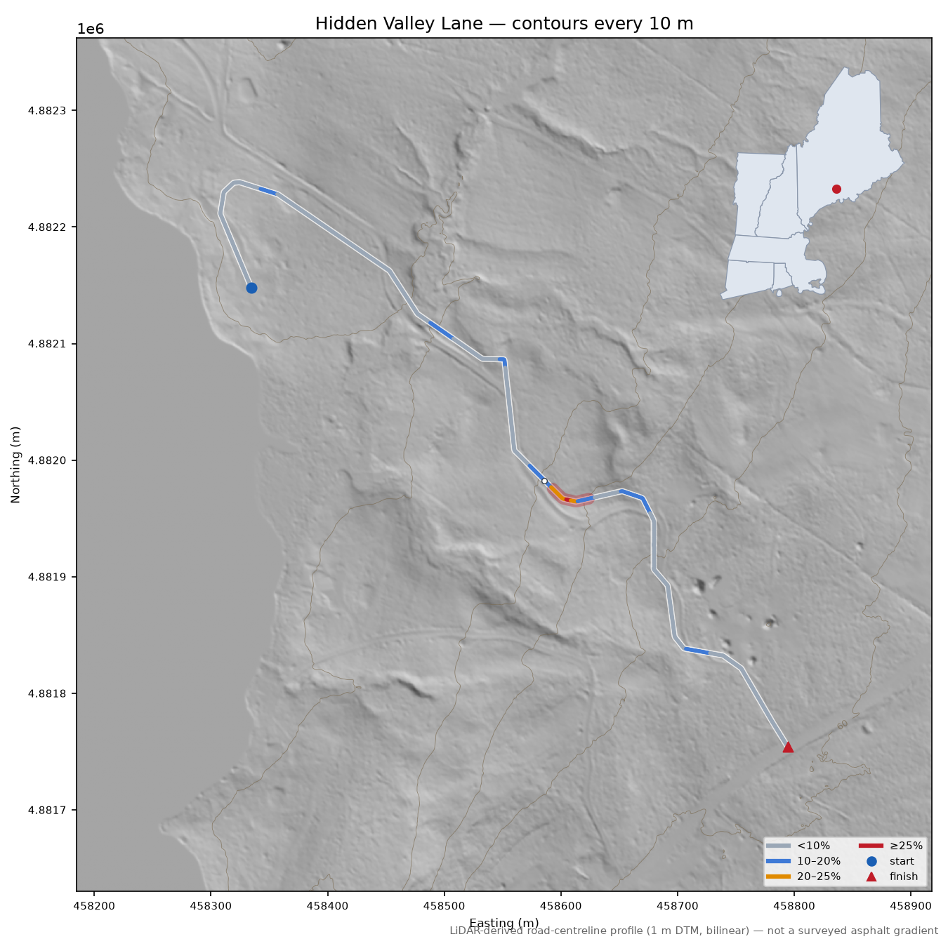 Hidden Valley Lane LiDAR hillshade map with contours