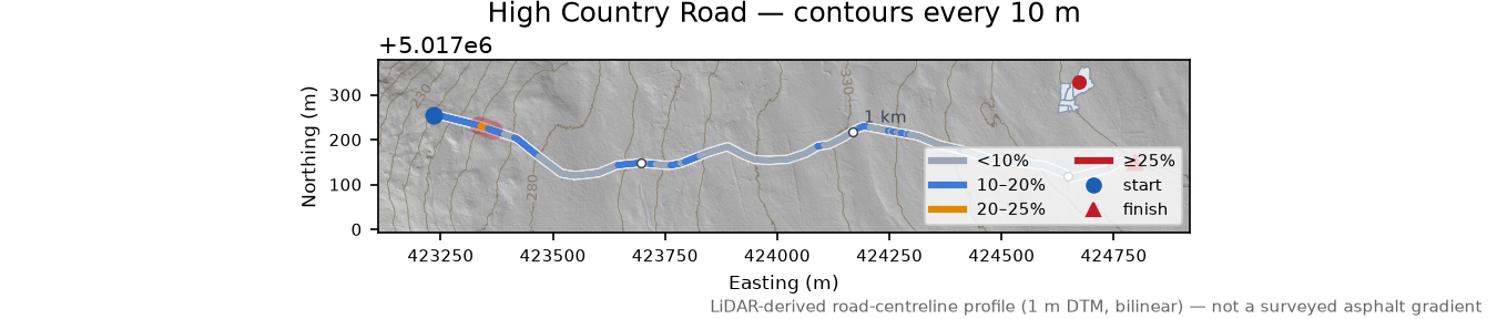 High Country Road LiDAR hillshade map with contours