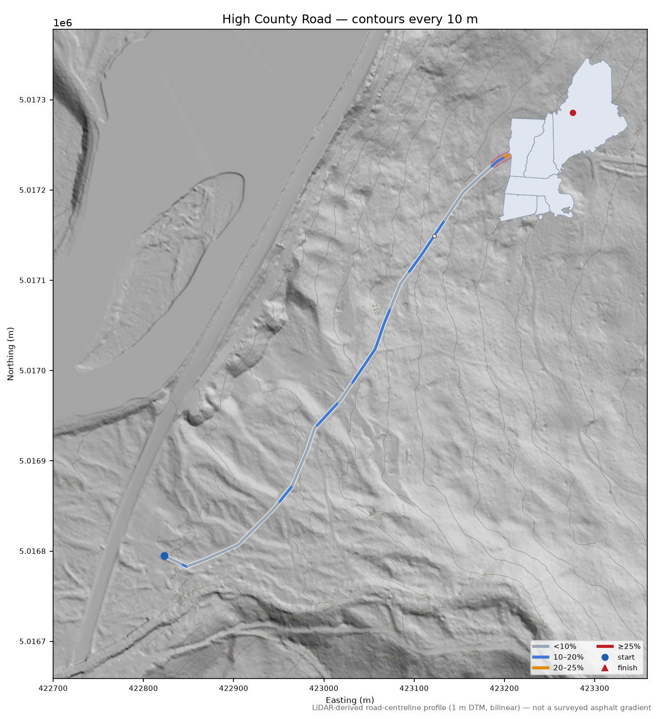 High County Road LiDAR hillshade map with contours