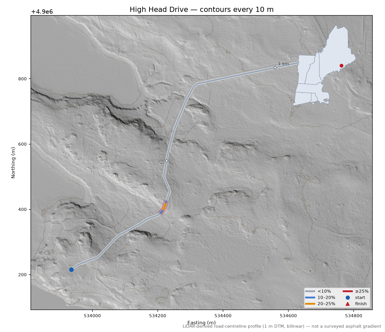 High Head Drive LiDAR hillshade map with contours