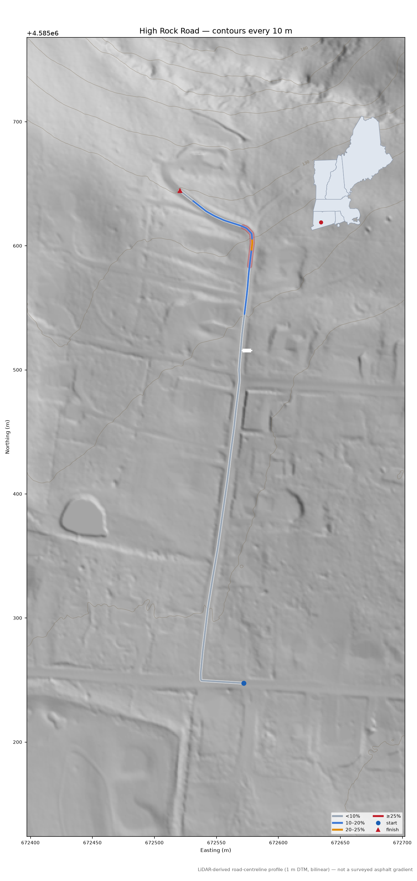High Rock Road LiDAR hillshade map with contours