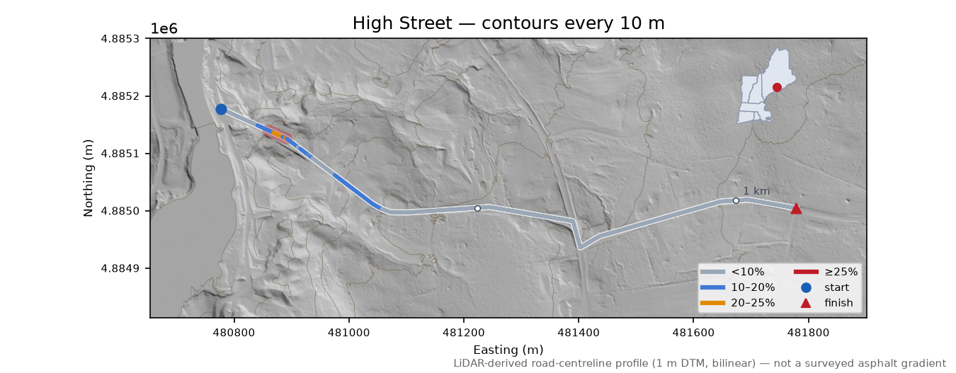 High Street LiDAR hillshade map with contours