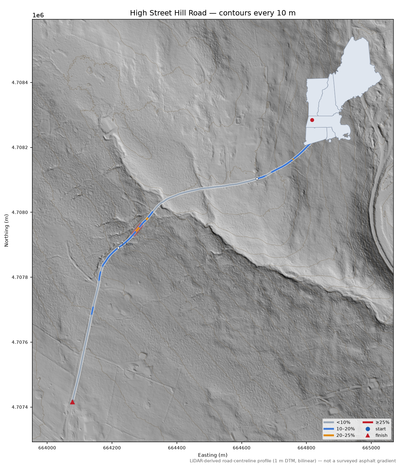 High Street Hill Road LiDAR hillshade map with contours