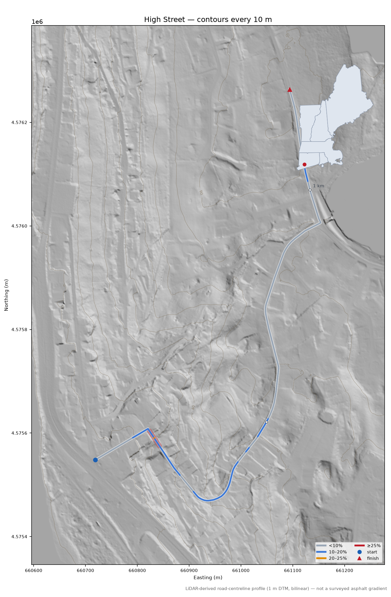 High Street LiDAR hillshade map with contours