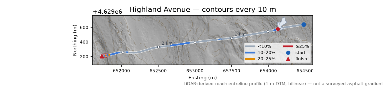 Highland Avenue LiDAR hillshade map with contours